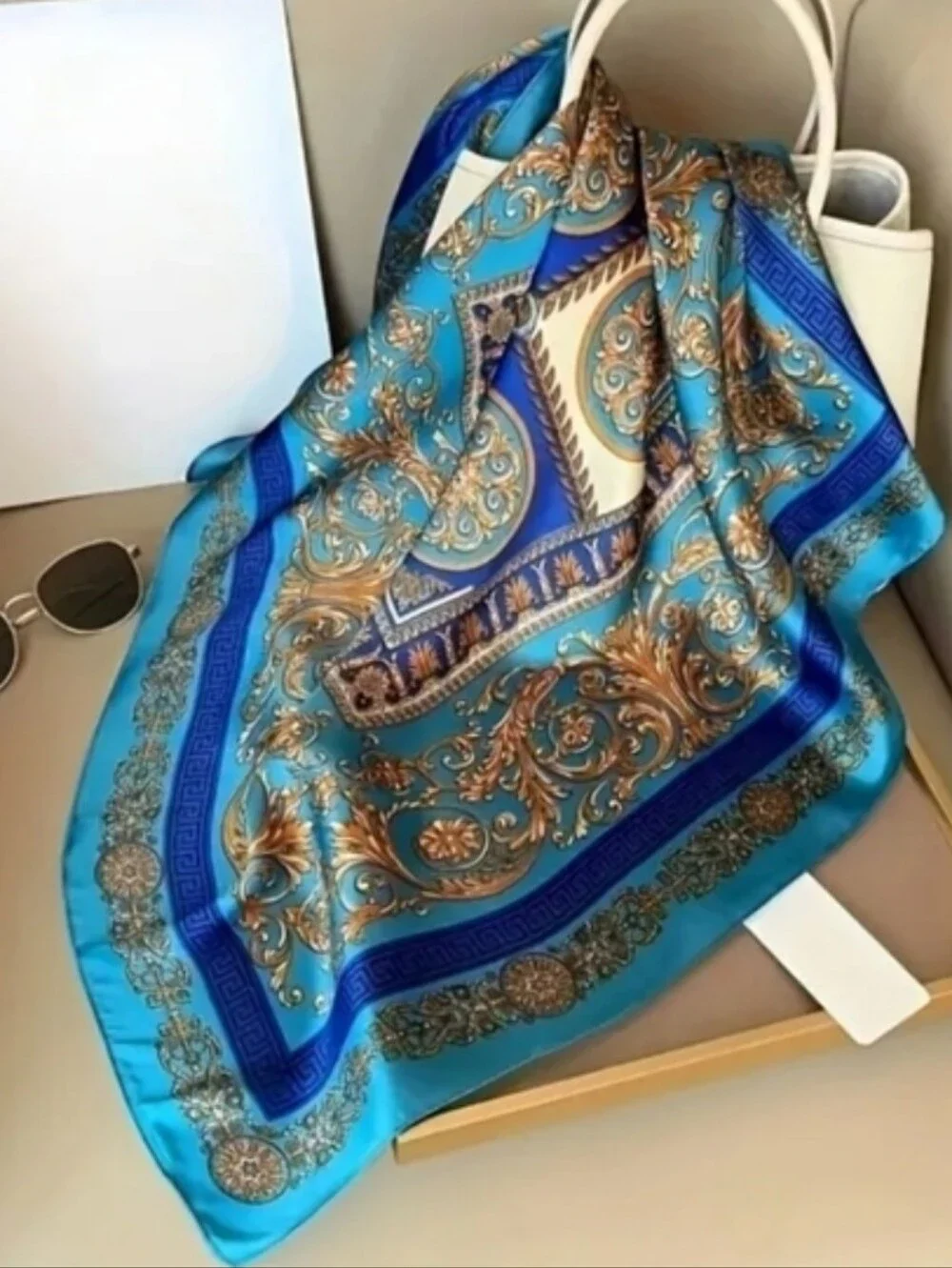 Silk-feel Blue and Gold Scarf Women Head Scarf , Neck Scarf